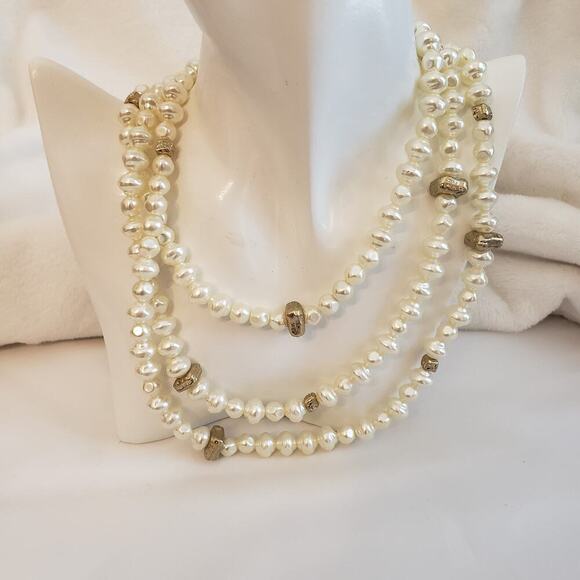 Long Strand Baroque Pearls with Gold Colored Nuggets- 54 Inches - Picture 2 of 6